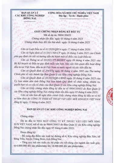 GIẤY CHỨNG NHẬN ĐĂNG KÝ ĐẦU TƯ